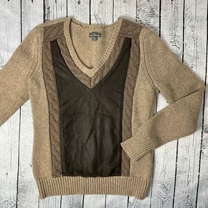 L.L. BEAN Signature 100% Merino Wool with Leather Panel V-Neck Sweater